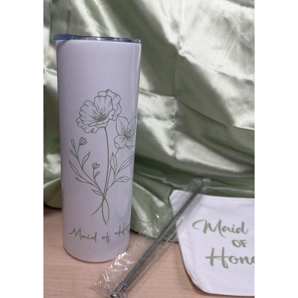 Maid Of Honor Gift Set Sage Green Stainless Steel Tumbler / Pen / Hair Tie